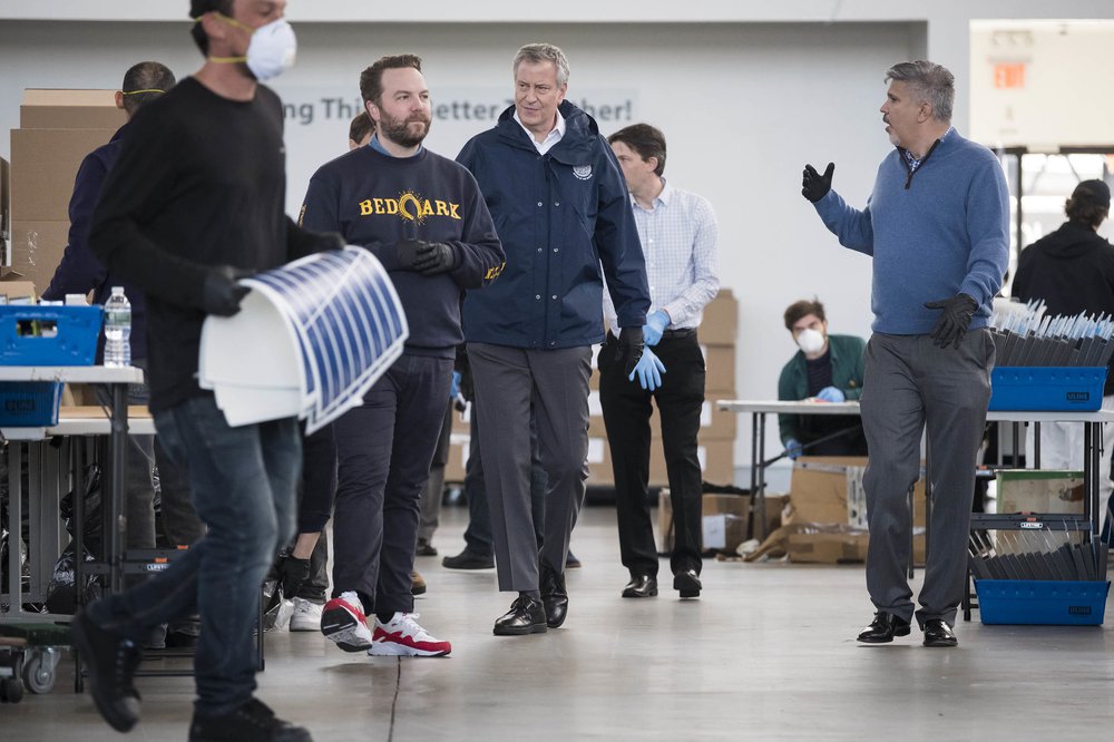 Mayor Bill de Blasio visits the Brooklyn Navy Yard where local industrial firms manufacture Personal Protective Equipment (PPE) like face shields to supply the city’s health care workers and hospitals, March 26th, 2020