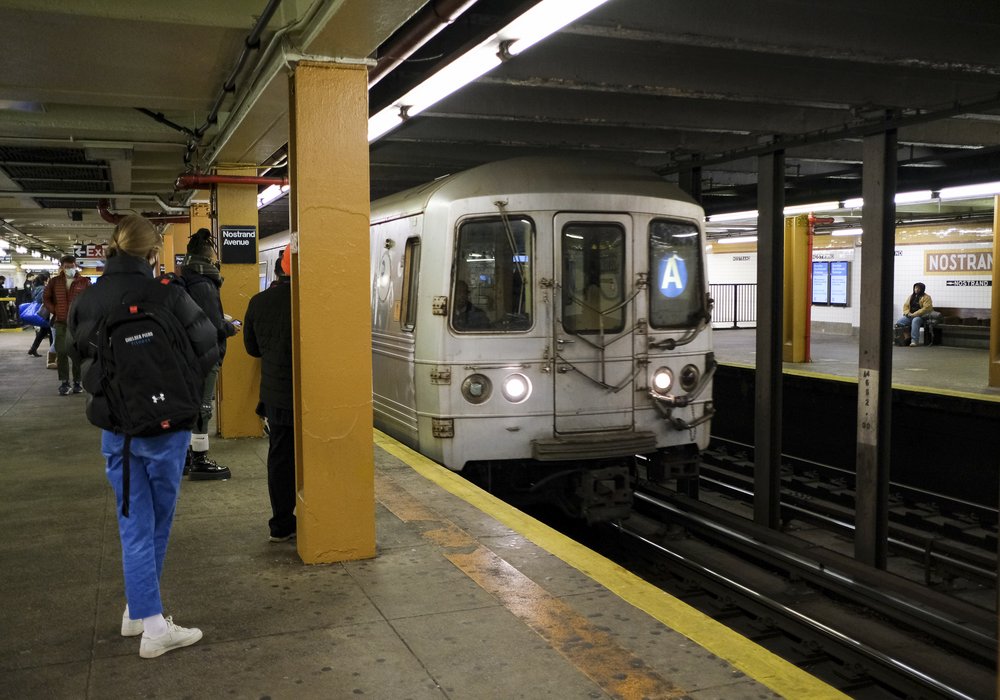 The A train pulls into Nostrand station in Brooklyn.