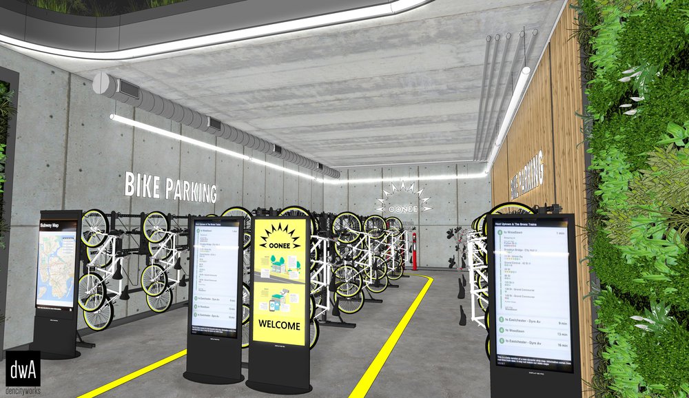 A rendering of a secure bike parking area coming to a new residential development in Sunset Park.