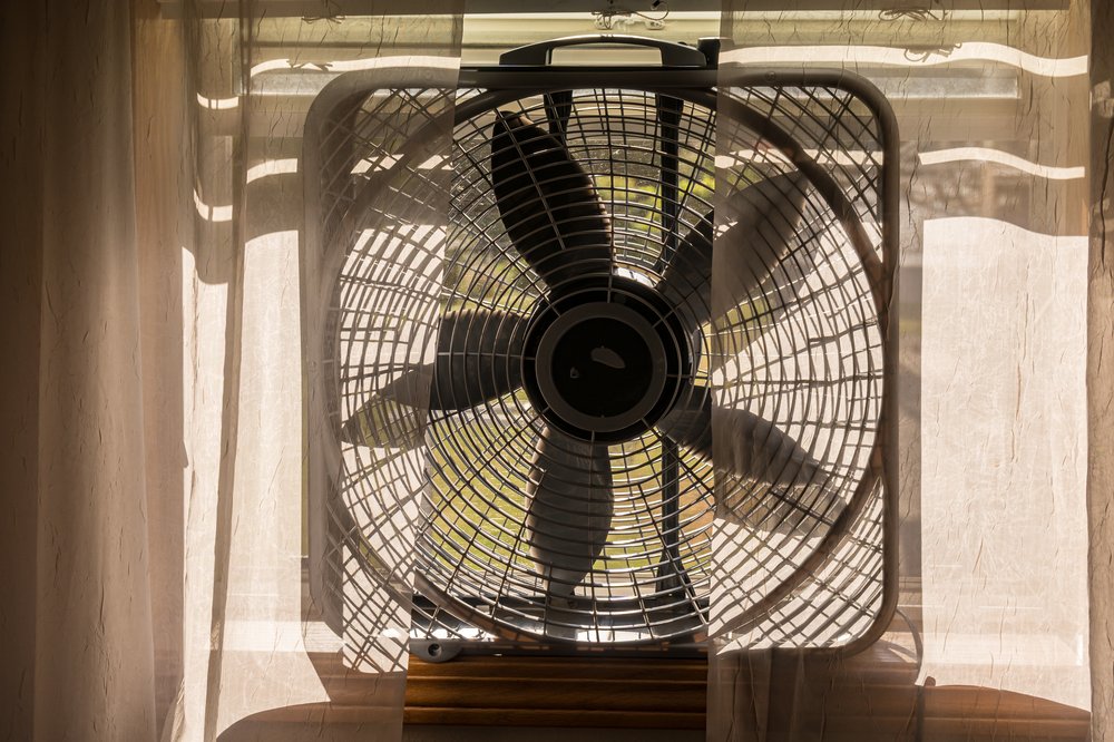 A photo of a box fan, which can be used to make a homemade air filter.
