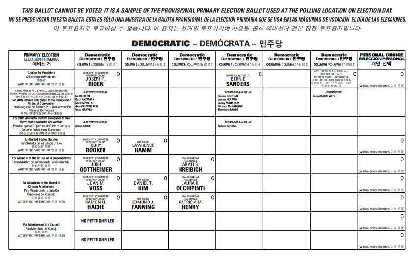 A Bergen County sample ballot from 2020, showing the use of New Jersey's "county line" system.