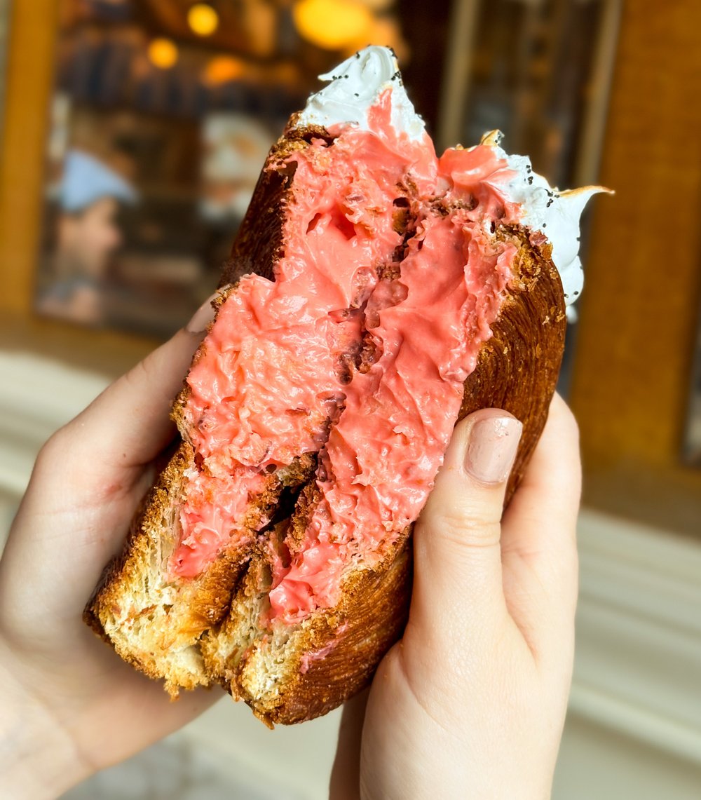 a picture of a blood orange spiral croissant