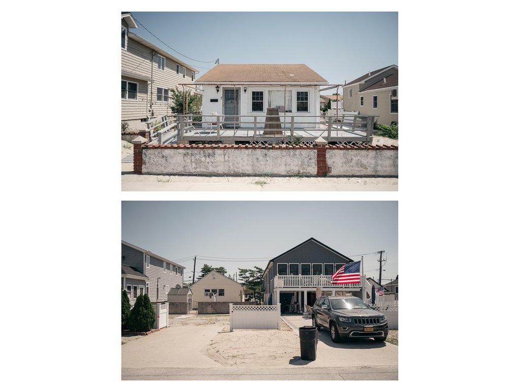 Top: A Breezy Point home predating the storm-proofing updates. Bottom: a modern Breezy Point home. The foundations for rebuilt homes are now required to allow for future water surge to go underneath them. Otherwise, the structure must be totally open underneath its first floor with just concrete pillars enclosed with lattice.