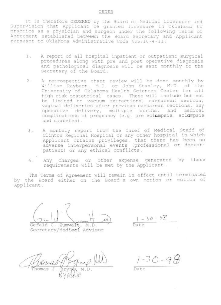 Oklahoma medical board agreement Dr. Byrne
