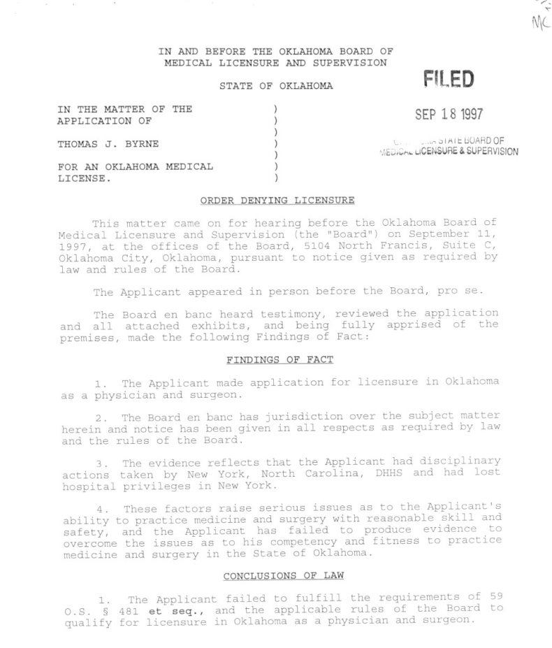 Oklahoma medical board denial Byrne medical license