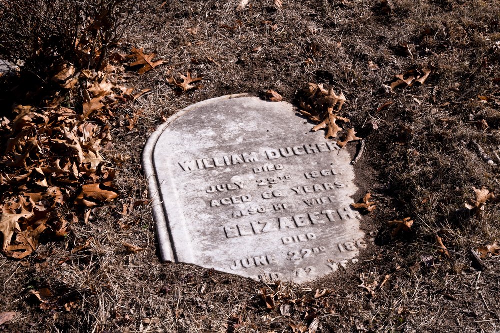 Many headstones at the Doremus family cemetery in Cedar Grove, New Jersey have been toppled, and some are sunken into the ground.