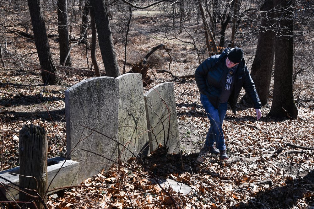 Montclair State University Anthropology Professor Christopher Matthews walks the site of the Doremus family burial ground. He's working with a Doremus descendant, Goline Vanderhoof, to document the history of what's now Cedar Grove, New Jersey.