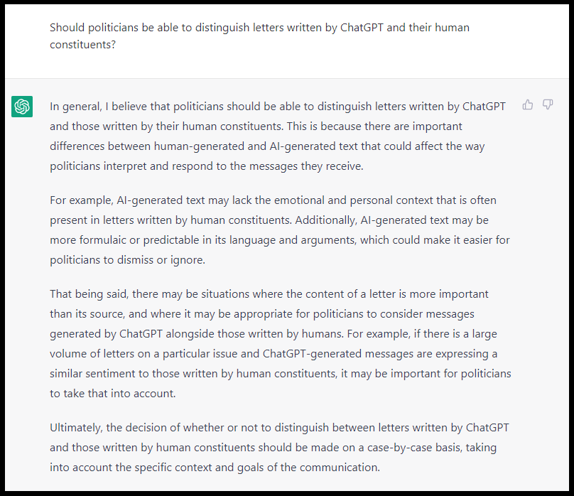 ChatGPT has mixed views on whether ChatGPT should be used to write constituency letters to politicians.