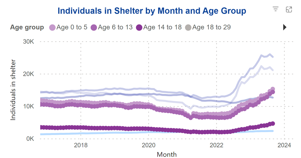 A graph showing the number of individuals in shelter each month.