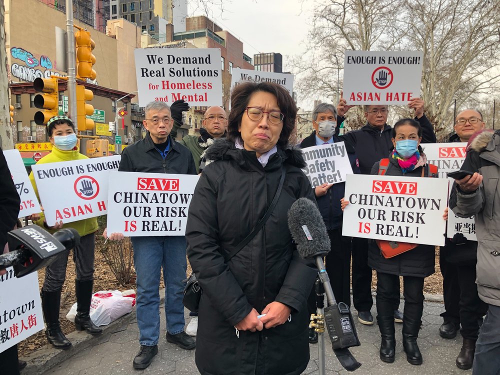 Chinatown residents protest against anti-Asian hate crimes in their community.