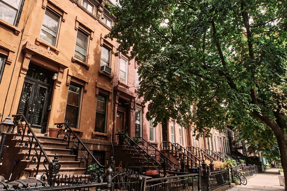 A row of bed-stuy brownstones on a sunny day. A lush tree peeks in from the right side of the photo, shading two of the buildings.