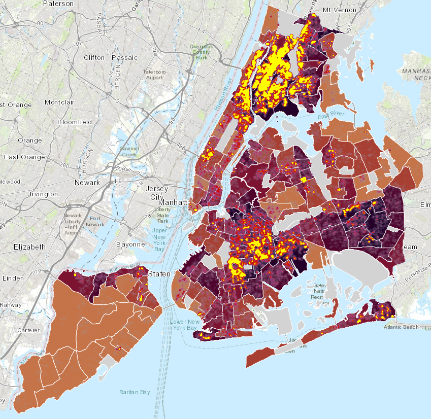 Legal Services NYC overlaid NYC eviction cases from 2017 to 2025 (yellow) over the city's heat vulnerability data (darker colors signify higher heat vulnerability).