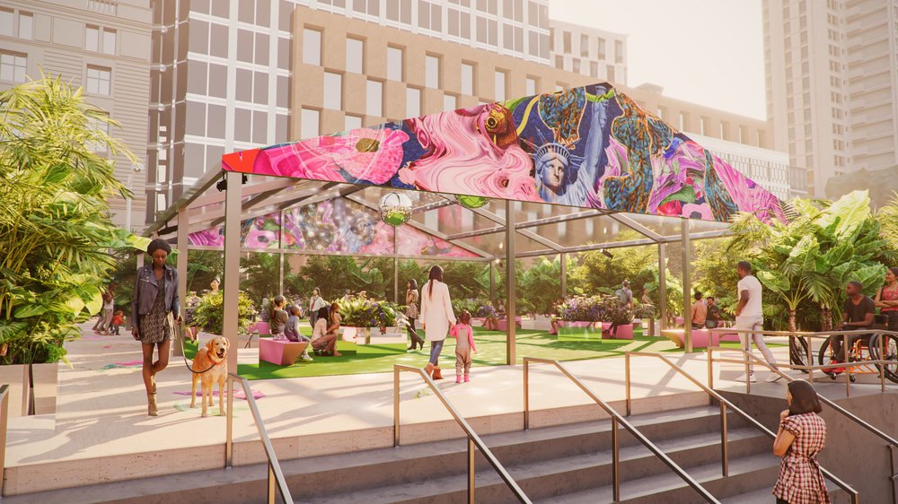 A public space awash in floral designs