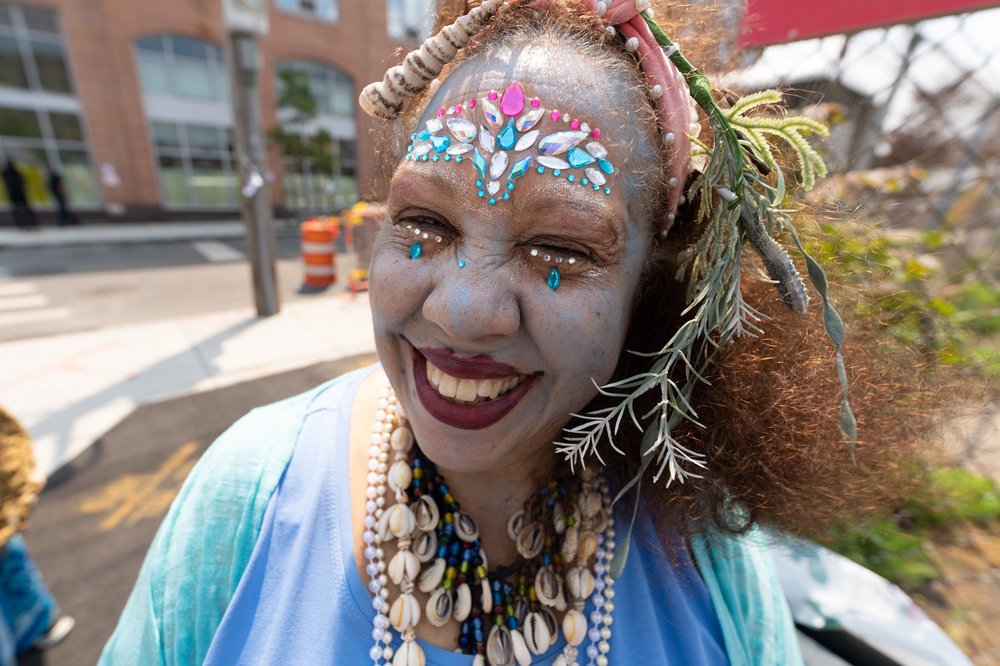 Sadie Hughes Boozer, a longtime Flatbush resident, came to the Mermaid Parade for the first time this year. It's usually her daughter in the funky, creative makeup for holidays and special occasions — but Saturday was Boozer's turn.