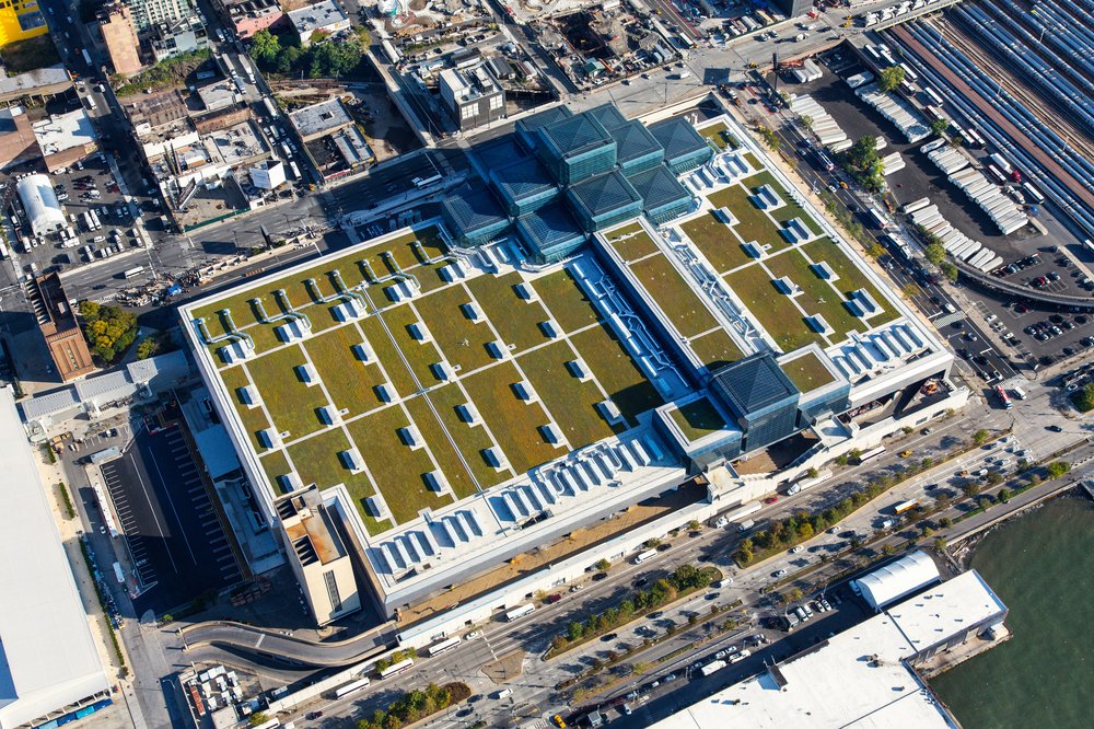 An aerial view of the 8-acre green roof on the Jacob Javits Convention Center.
