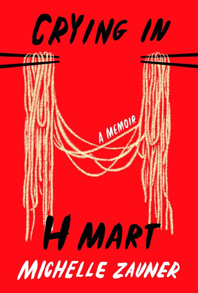 A red book cover that says "Crying in H Mart"