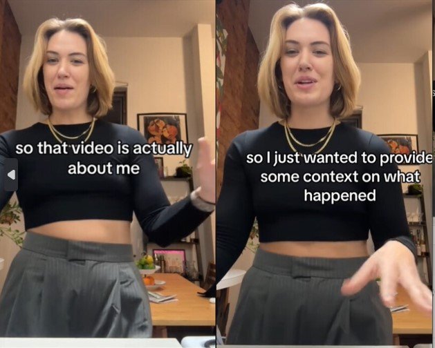 Images from a TikTok account of a woman in a black shirt and gray pants.