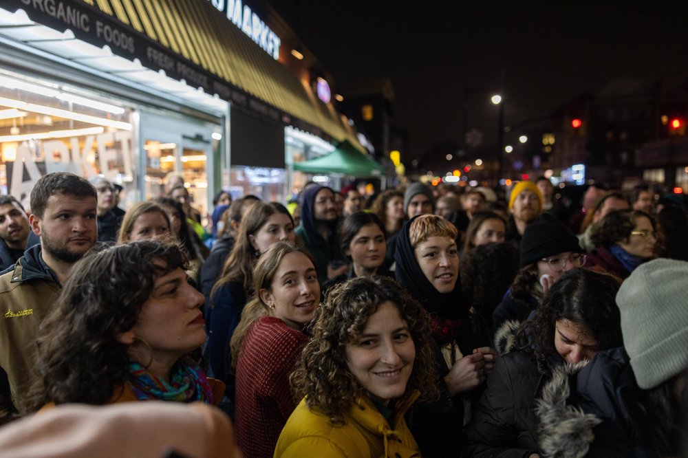 The scene outside the Shabbat dinner hosted by the Palestinian-owned restaurant Ayat in the Ditmas Park section of Brooklyn. The event Friday was billed as an opportunity to break "bread" and "barriers" against the backdrop of war in Gaza and spreading violence in the Middle East.