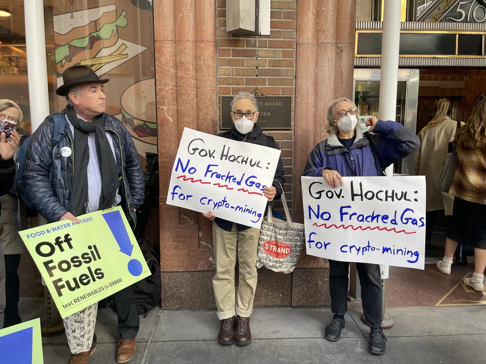 Protestors gather in Midtown Manhattan to ask Gov. Kathy Hochul to put a moratorium on Greenidge Generation, which directly powers a bitcoin-mining operation near the Finger Lakes, February 10, 2022.