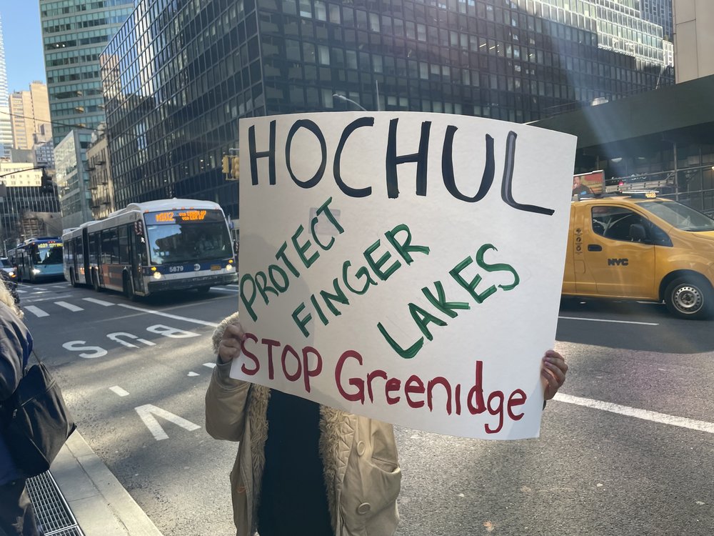 Protestors gather in Midtown Manhattan to ask Gov. Kathy Hochul to put a moratorium on Greenidge Generation, which directly powers a bitcoin-mining operation near the Finger Lakes, February 10, 2022.