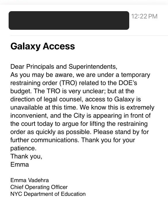 An email from the city education department to public school principals informing them that access to their budgets have been cut off for now.