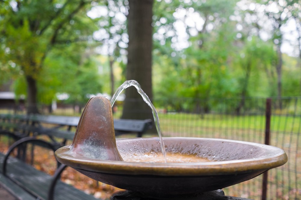 A photo of a copper drinking fountain on a sunny day in Central Park