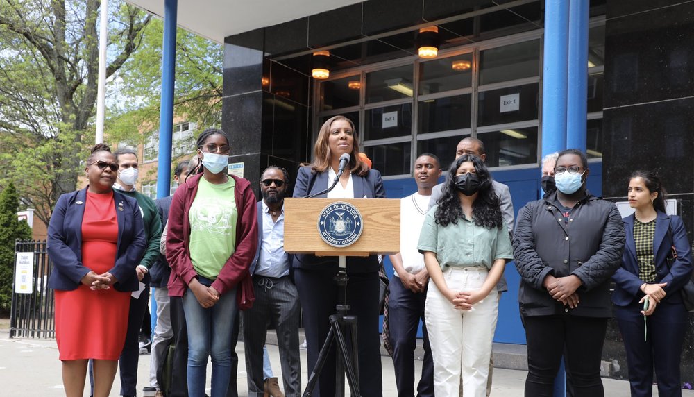 Attorney General Letitia James announces a lawsuit in Brooklyn against three New York City school bus companies for widespread air pollution in communities of color.