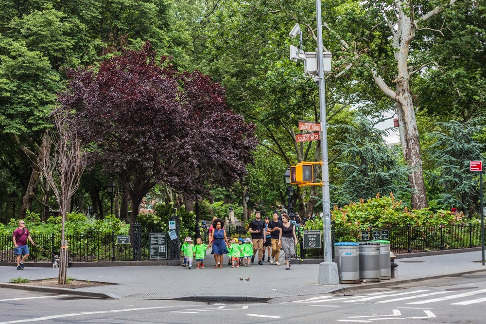 A group of children wearing neon green chaperoned by adults walk through Washington Square Park.
