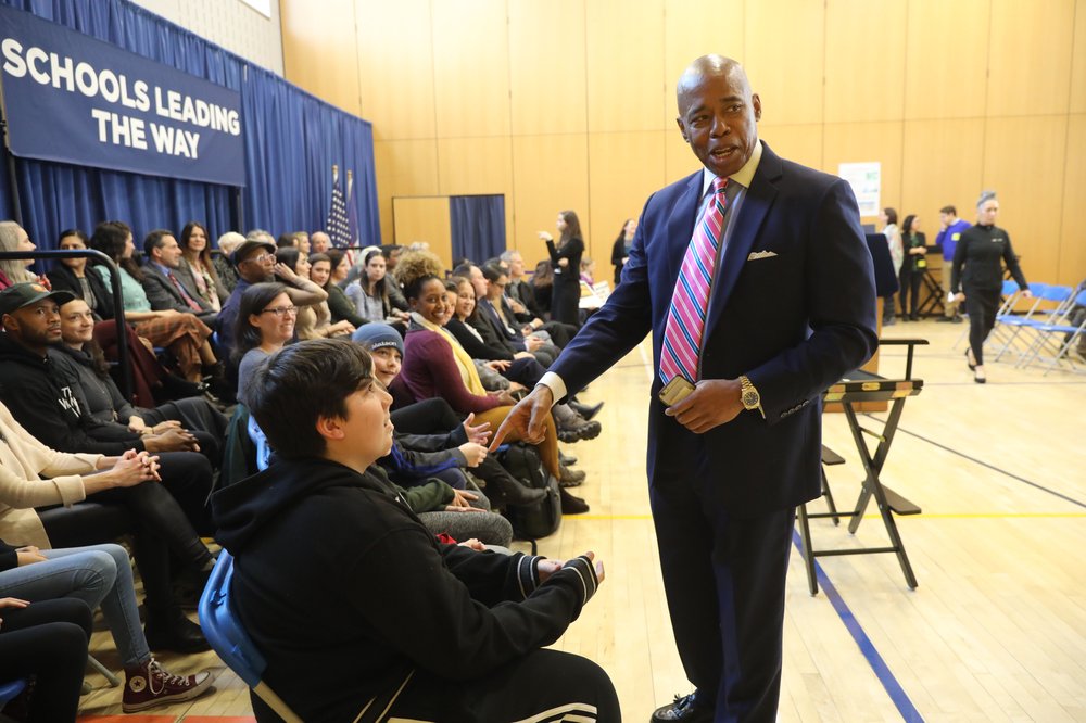 Mayor Eric Adams at his old high school, Bayside High School in Queens
