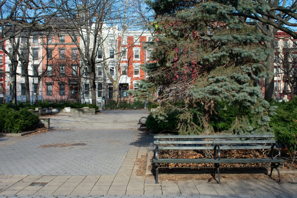 An empty wood bench at Tompkins Square Park in the East Village of New York City.