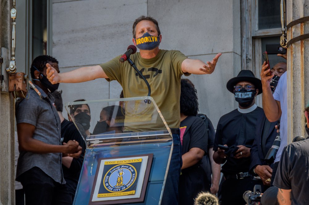 Brad Lander speaks at a rally.