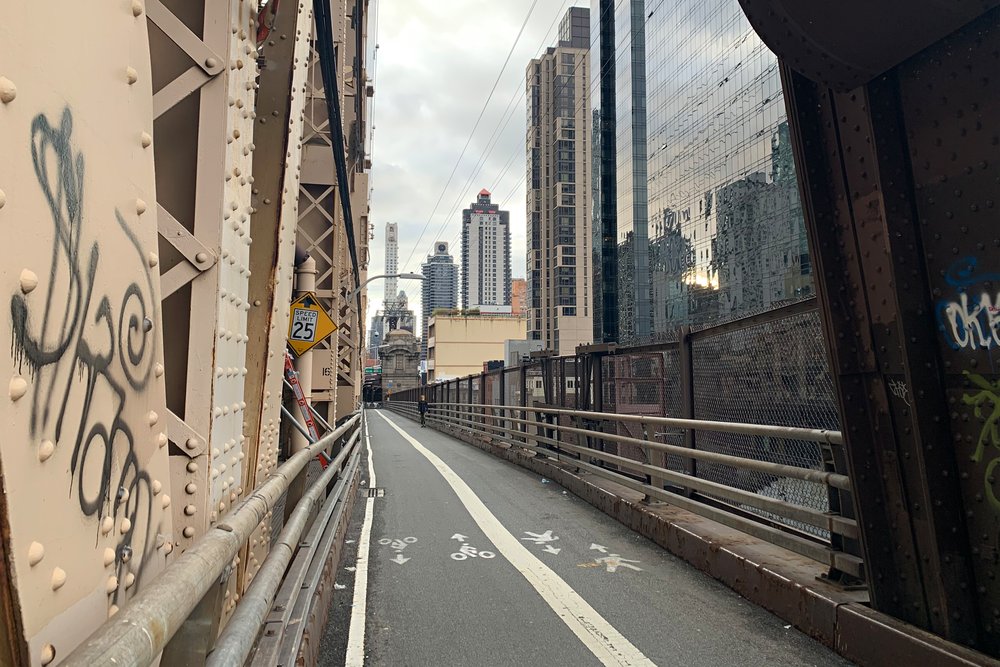 A bike and pedestrian shared lane on the Queensboro Bridge.