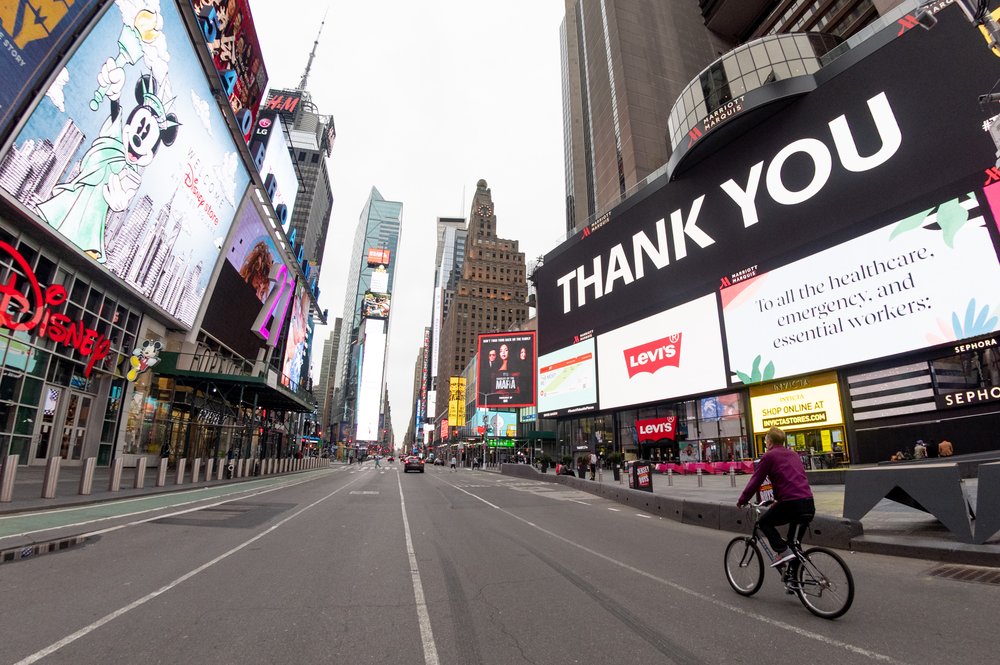 The view looking down an empty 7th Avenue in Times Square amid the coronavirus pandemic on April 19, 2020 in New York City.
