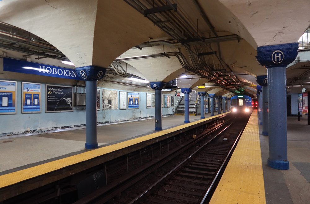 A PATH train arrives at the Hoboken station on May 21, 2020.