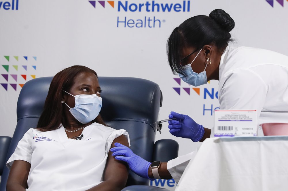 Nurse Sandra Lindsay receives the second dose of a Pfizer coronavirus vaccine at Long Island Jewish Medical Center on January 4th, 2021 in Queens.