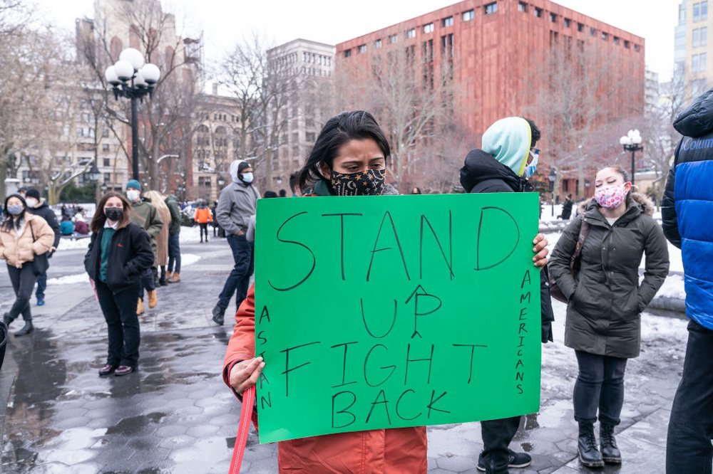 More than 200 people gathered in Washington Square Park in Manhattan in this Feb. 20, 2021, photograph to protest anti-Asian hate crimes and incidents, which spiked during the COVID-19 pandemic.