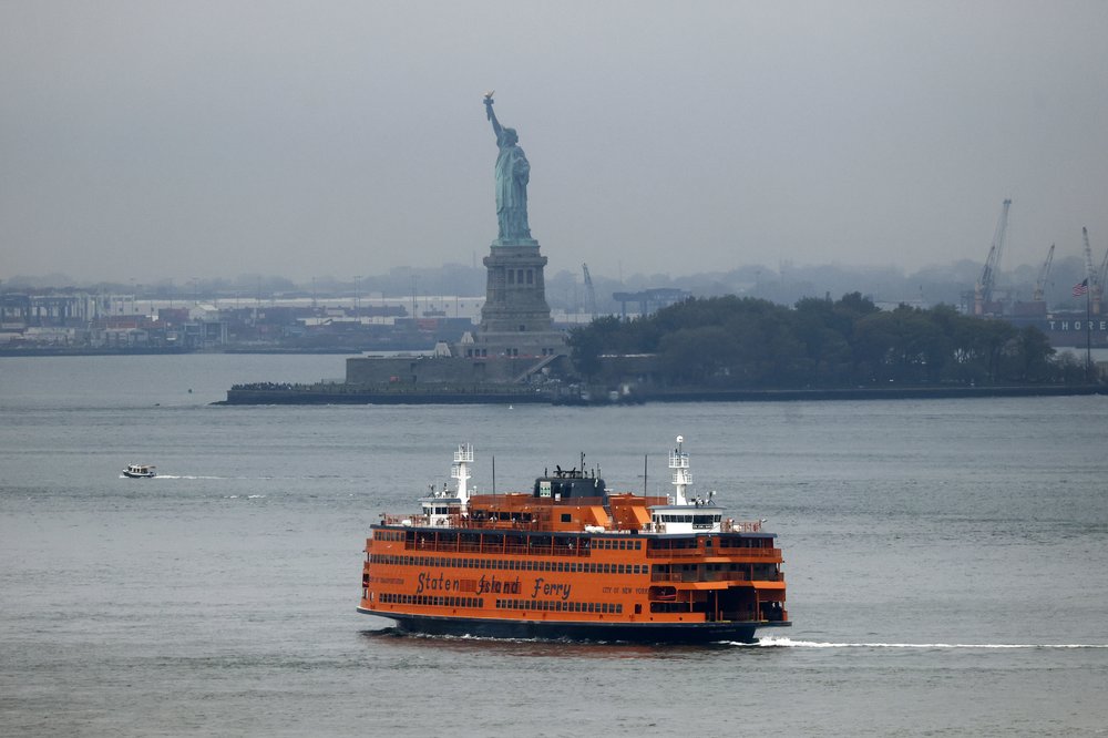 A Staten Island Ferry ship crossing New York Harbor.