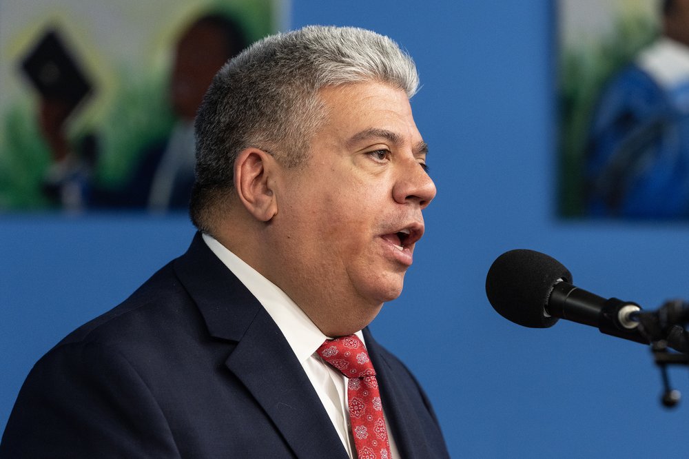 Brooklyn District Attorney Eric Gonzalez speaks during Martin Luther King Jr. Day at National Action Network House of Justice Headquarters.