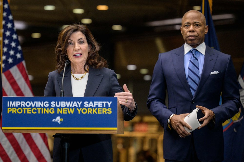 Governor Kathy Hochul speaks, joined by Mayor Eric Adams, as she delivers remarks about their joint effort to combat gun violence at the High Intensity Drug Trafficking Areas (HIDTA) office on August 24, 2022 in Manhattan. Their joint appearance came a month after Adams' aides arranged a meeting with Hochul's aides on behalf of owners of Avant Gardner.