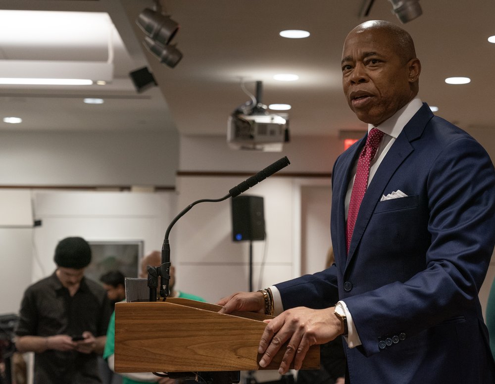 Mayor Eric Adams speaks at rally in support of the Child Tax Credit and the expansion of the Earned Income Tax Credit at 32BJ Headquarters. Adams defended his office's assistance in helping owners of Avant Gardner land a meeting with officials from Gov. Kathy Hochul's administration.