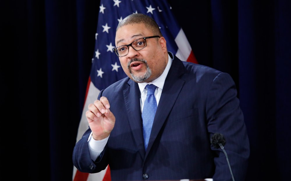 Manhattan District Attorney Alvin Bragg speaks during a press conference.