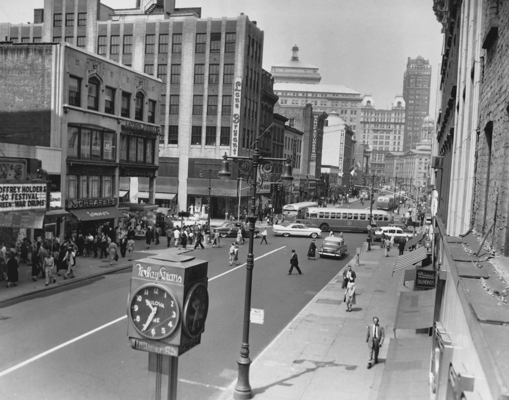 The view looking west toward Borough Hall, along "Department Store Row" on Fulton Street in Brooklyn, in 1957. Abraham & Straus, May and other leading department stores were all in the area.