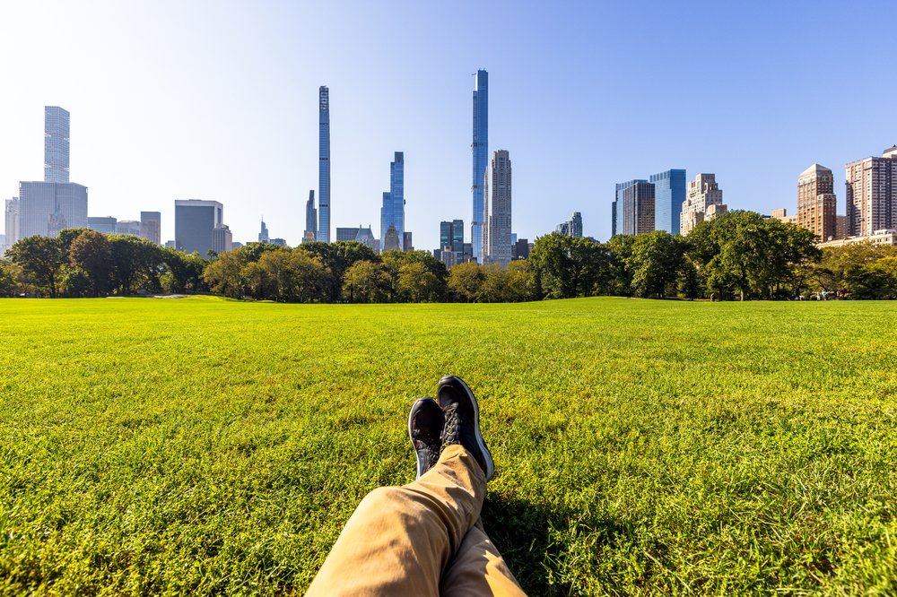 A person relaxes on the grass with the skyline in the background.