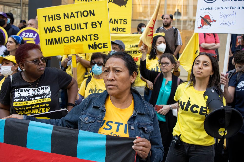 A coalition of  groups advocating on behalf of farm and immigrant workers in Manhattan on May 12, 2022.
