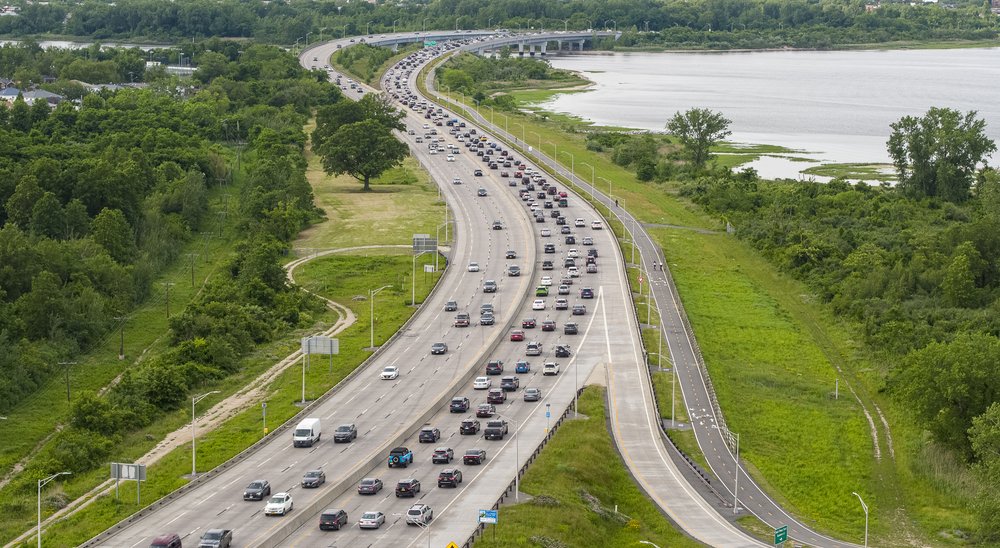 Heavy traffic on Belt Parkway, Jamaica Bay, Canarsie Park.