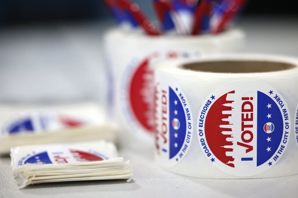 Voting stickers are seen during Primary Election Day at PS 130 on Aug. 23, 2022.