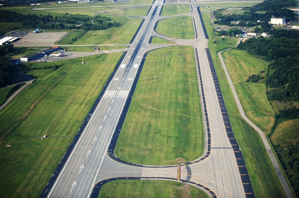 The runway at Stewart International Airport in Orange County, New York, photographed from above in 2012.