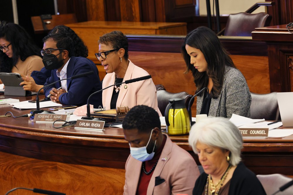 Speaker of the New York City Council Adrienne E. Adams speaks during a City Council hearing on Intro 549 at City Hall on September 28. The Speaker is an ex-oficio member of the Council’s Progressive Caucus, which is seeing some of its members leave the caucus.