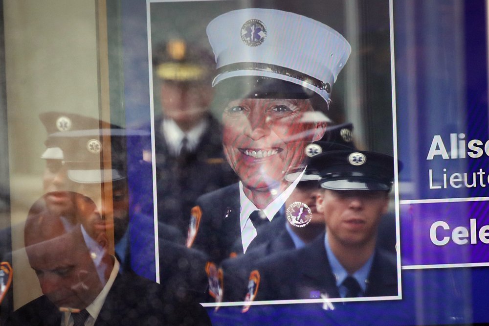 First responders gather at the Tilles Center for Performing Arts for the funeral of FDNY Lt. Alison Russo-Elling, who was stabbed in a random attack last week on Oct. 05, 2022 in Brookville, New York.