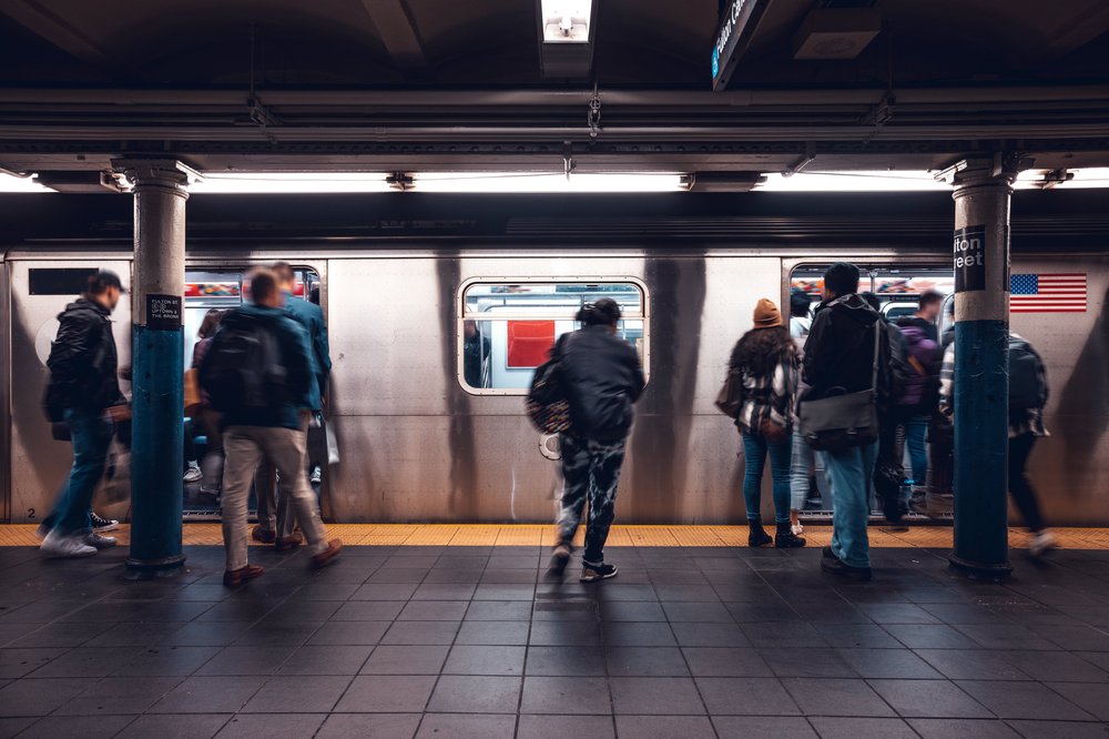 A crowded subway station in New York City.